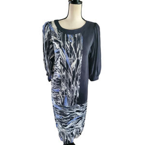 Vintage 80's Argenti 100% Silk Black Blue Abstract Print Midi Sheath Dress 6